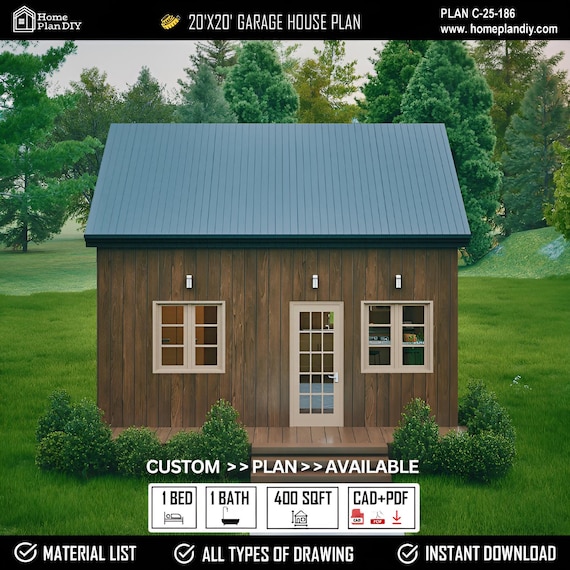 400 Sq Ft Modern Tiny House Plan, Garage ADU, 1 Bedroom (PDF Download)