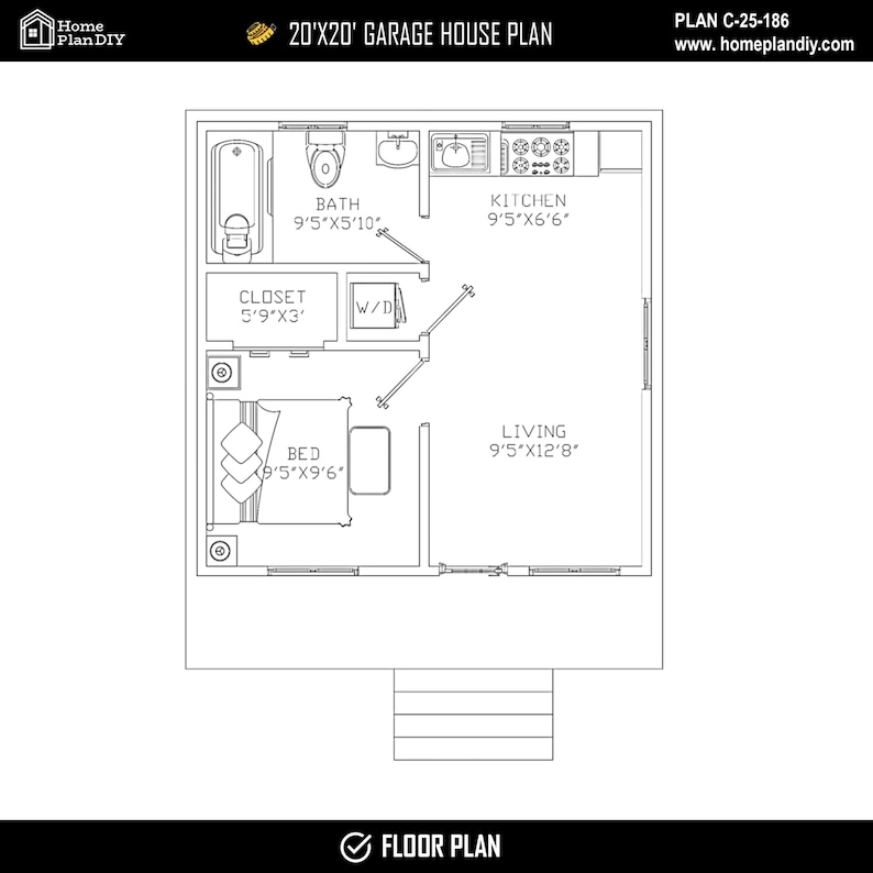 Może przedstawiać: Czarno-biały plan domu garażowego 20x20. Plan obejmuje łazienkę, kuchnię, garderobę, sypialnię i salon. Sypialnia ma wymiary 2,87m x 2,90m. Plan jest oznaczony jako "Plan piętra".