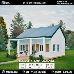 Tiny House Plans 25 x 22, 1Bed 1Bath | 550 Sq Ft, Small Cabin Plans, Affordable Cabin Floor Plans with Porch | Custom Modern Cabin Blueprint
