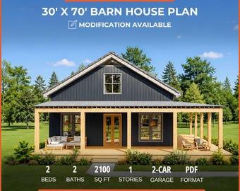 Modern Barndominium House Plan 2100 sqft | 2 Bed 2 Bath Farmhouse, 2 Car Garage PDF
