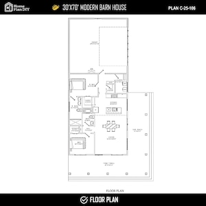 May include: A black and white floor plan of a modern barn house, labeled 30'x70', with the text "FLOOR PLAN" at the bottom. The plan includes a garage, bedrooms, kitchen, living room, and front porch.