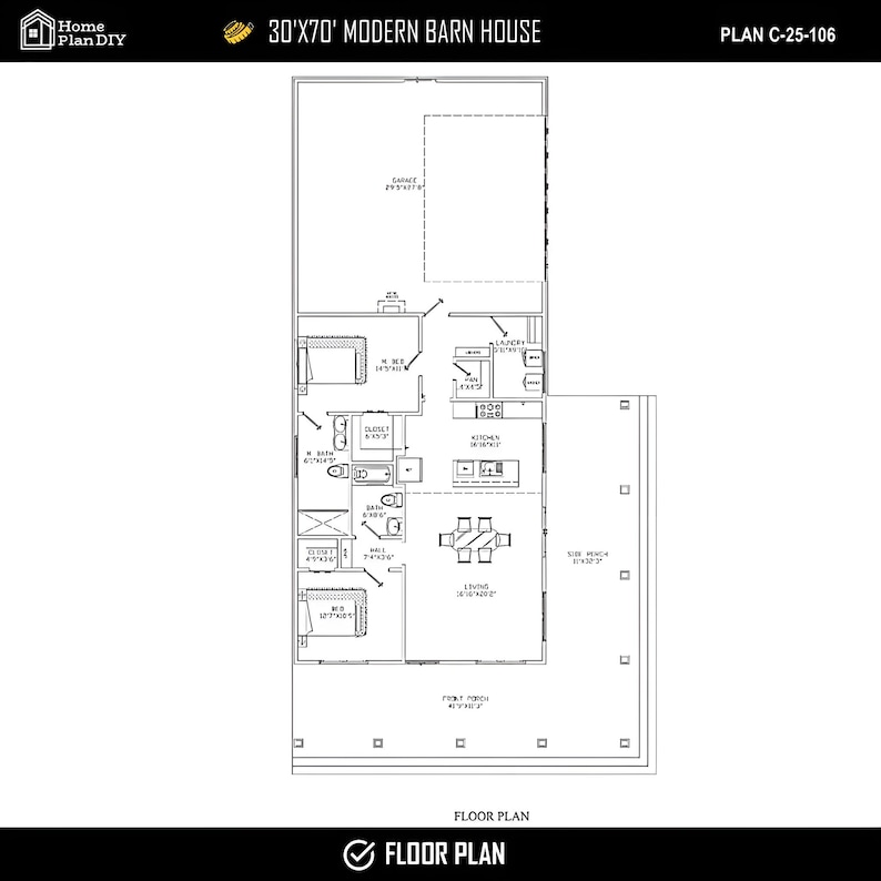May include: A black and white floor plan of a modern barn house, labeled 30'x70', with the text "FLOOR PLAN" at the bottom. The plan includes a garage, bedrooms, kitchen, living room, and front porch.