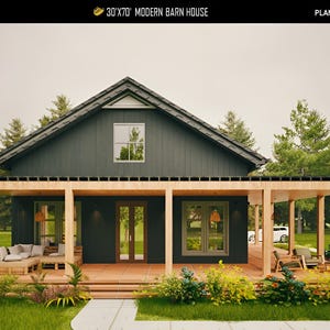 May include: A modern barn house design with a dark gray exterior, a gabled roof, and a covered porch. The porch features wooden beams and supports, with outdoor seating and landscaping. The house plan is labeled as 30'x70'.