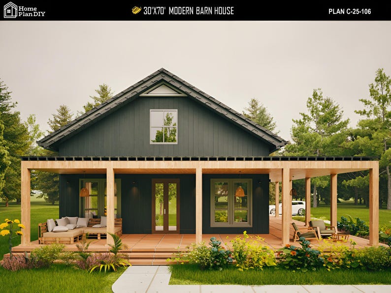 May include: A modern barn house design with a dark gray exterior, a gabled roof, and a covered porch. The porch features wooden beams and supports, with outdoor seating and landscaping. The house plan is labeled as 30'x70'.