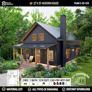 May include: A modern house plan with a dark exterior, a covered porch, and a chimney. The house is 22' x 35' and includes a floor plan, 2 bedrooms, 1 bath, and 1276 sq ft. The plan is available as a CAD+PDF+RVT+SKP file. The text reads "22' X 35' MODERN HOUSE".