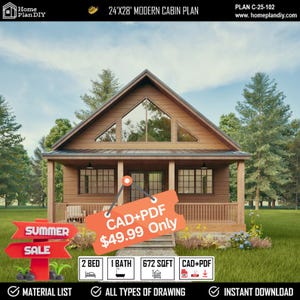 Cabinehuis DIY-plannen 24' x 28', Tiny House-plannen, Moderne cabine DIY, Tiny Cottage-plannen, Kleine Cabin-plannen, Tiny Cabin-plannen, Cottage House