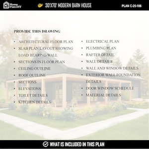 May include: A modern barn house plan with the text "30'X70' MODERN BARN HOUSE". The plan includes architectural, electrical, plumbing, and wall details. Also included are sections, elevations, and kitchen details. The plan is labeled C-25-106.