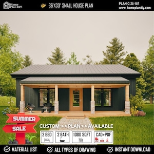 Tiny Cottage, Modern House, 1000 vierkante voet bestseller - pdf Gedetailleerde architecturale huisplannen, plattegronden cottage, ranchhuis, open veranda