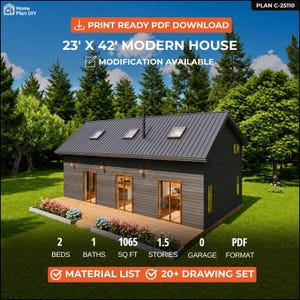 Modern Tiny House Plan | 2 Bed, 1065 Sq Ft DIY Home ( Instant Digital Download)