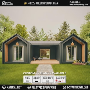 Modern Cabin House Plans, 40x25 Timber Frame Cottage (PDF & CAD File)