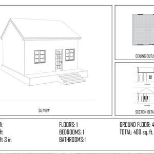 Może przedstawiać: Czarno-biały rysunek architektoniczny małego domu, zawierający widok 3D, zarys sufitu i szczeg&oacute;ły przekroju. Dom ma 6,1 m szerokości, 6,1 m głębokości i 5,9 m wysokości, z 1 piętrem, 1 sypialnią i 1 łazienką. Parter i powierzchnia całkowita wynoszą 37,2 mkw.