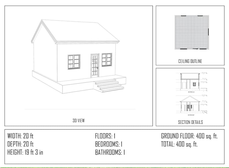 Może przedstawiać: Czarno-biały rysunek architektoniczny małego domu, zawierający widok 3D, zarys sufitu i szczeg&oacute;ły przekroju. Dom ma 6,1 m szerokości, 6,1 m głębokości i 5,9 m wysokości, z 1 piętrem, 1 sypialnią i 1 łazienką. Parter i powierzchnia całkowita wynoszą 37,2 mkw.