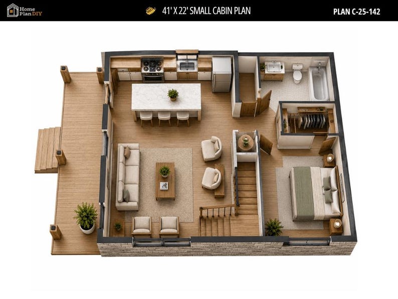 41x22 Modern Cabin House Plans 2 Bedroom Loft Small Cabin Plan PDF ...