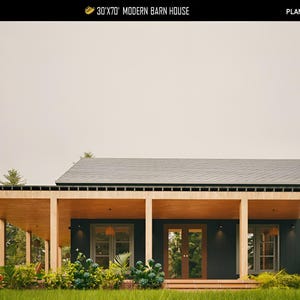 May include: A modern barn house design with a dark exterior and a wooden porch. The house features a gray roof and large windows. The text "30x70' MODERN BARN HOUSE" is displayed at the top.