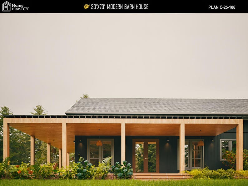 May include: A modern barn house design with a dark exterior and a wooden porch. The house features a gray roof and large windows. The text "30x70' MODERN BARN HOUSE" is displayed at the top.