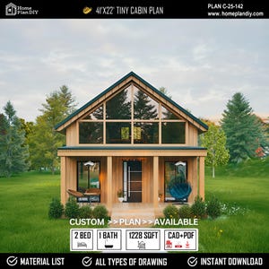 Puede incluir: Representación de un plano de cabaña pequeña con el texto "41'X22' TINY CABIN PLAN". La cabaña tiene un exterior de madera, grandes ventanas y un techo verde. El plano incluye 2 dormitorios, 1 baño y 114.1 metros cuadrados. El plano está disponible en formato CAD+PDF.