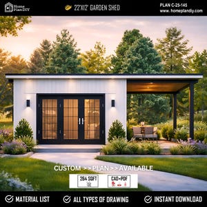 12x22 Modern Garden Shed Plans (PDF) - DIY Shed Blueprints/ Construction Drawings ( Digital Download)