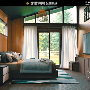 May include: A bedroom interior featuring a 26'x30' prefab cabin plan, wood-paneled walls, a bed with blue bedding, white curtains, a woven pendant light, and a wall-mounted television. Text includes Home Plan DIY, 26'x30' PREFAB CABIN PLAN, and PLAN C-25-109.
