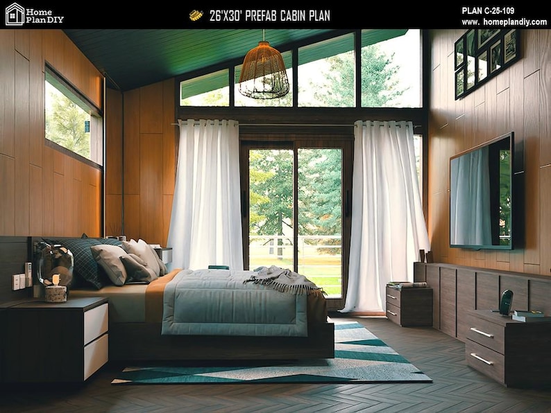 May include: A bedroom interior featuring a 26'x30' prefab cabin plan, wood-paneled walls, a bed with blue bedding, white curtains, a woven pendant light, and a wall-mounted television. Text includes Home Plan DIY, 26'x30' PREFAB CABIN PLAN, and PLAN C-25-109.