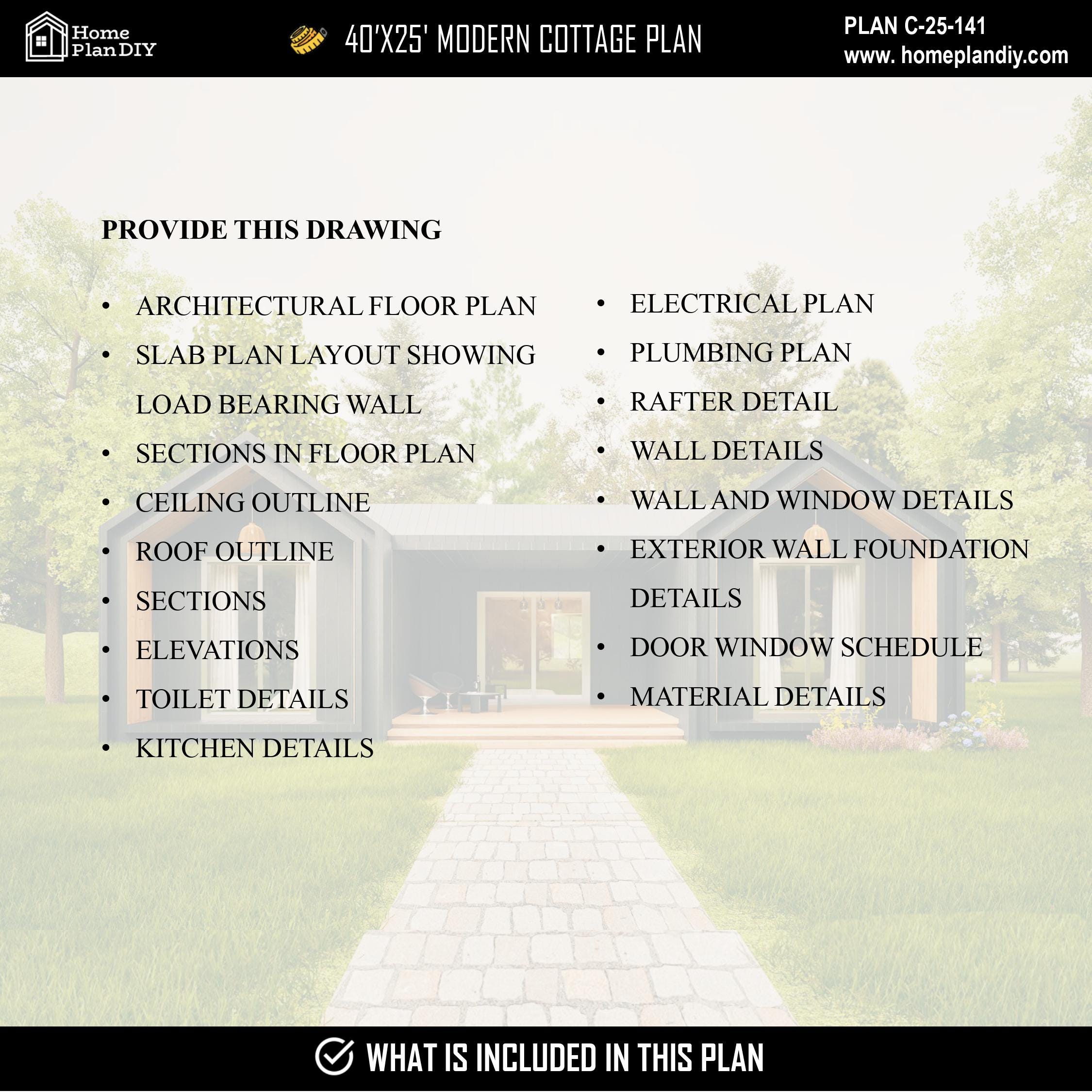 Modern Cabin House Plans, 40x25 Timber Frame Cottage (PDF & CAD File ...