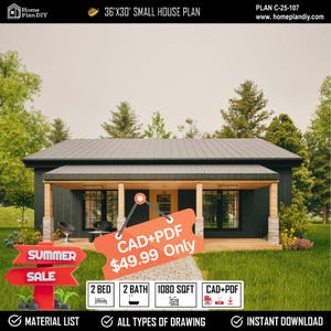 Tiny Cottage, Modern House, 1000 vierkante voet bestseller - pdf Gedetailleerde architecturale huisplannen, plattegronden cottage, ranchhuis, open veranda