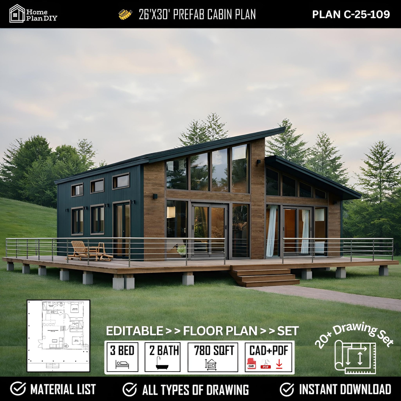 Modern Redwood Timber Frame Cabin Plans | Tiny Cottage, Prefab Homes ...