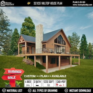 Hilltop Mountain House plattegrond garage voor 2 wagens| 35 x 35 inch volledige architecturale plattegrondenset |  Plattegrond van de bergen met gewelfde loft | Moderne boerderij DIY