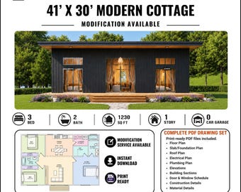 Modern Barndominium Cottage House Plan: 3 Bed, 2 Bath (PDF & CAD)
