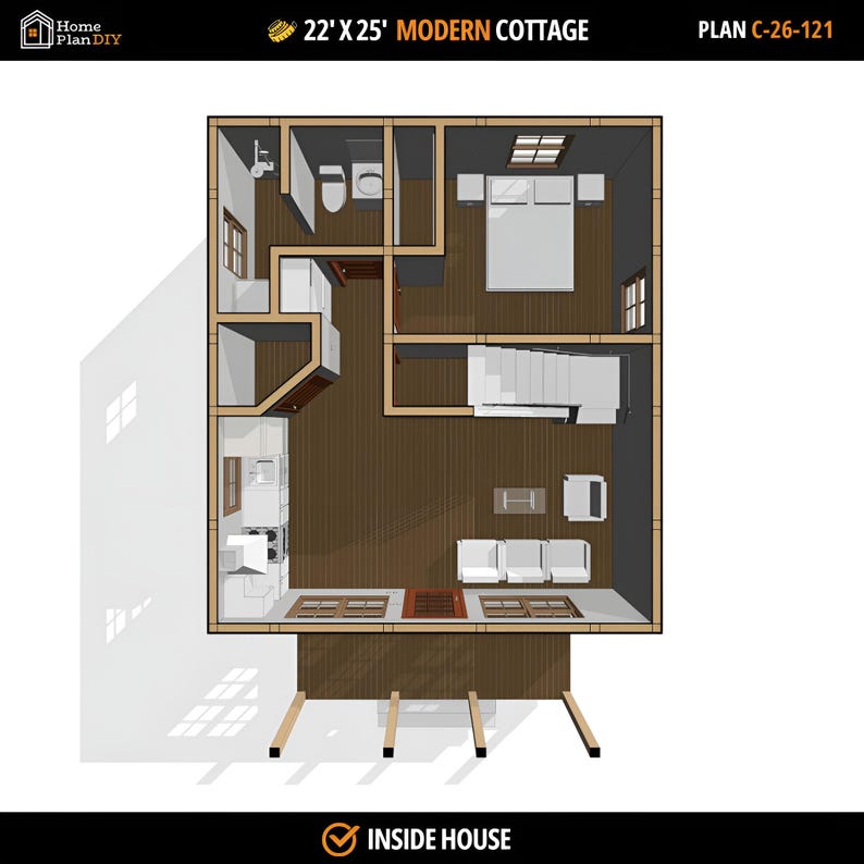 Modern Small Cabin House Plan With Loft: 22X25, Cottage House DIY Floor ...