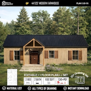May include: A modern farmhouse plan with a black roof, wooden siding, and brown shutters. The image includes the text "44'x25' MODERN FARMHOUSE" and details about the floor plan, including 2 beds, 2 baths, and 1100 sq ft.