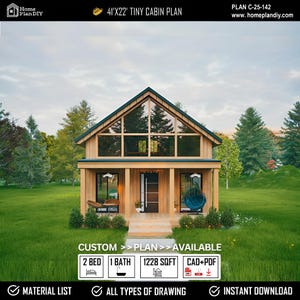 Modern Cabin House Plans, 2 Bed Cottage Blueprint with Loft (PDF & CAD Files)