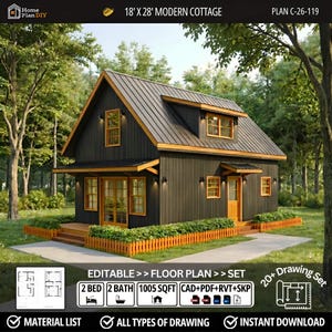 May include: A modern cottage plan with a black exterior, wooden trim, and a metal roof. The house is 18' x 28' and includes a floor plan set with 2 bedrooms, 2 baths, and 1005 sq ft. The image also includes the text "Home Plan DIY" and "Instant Download."