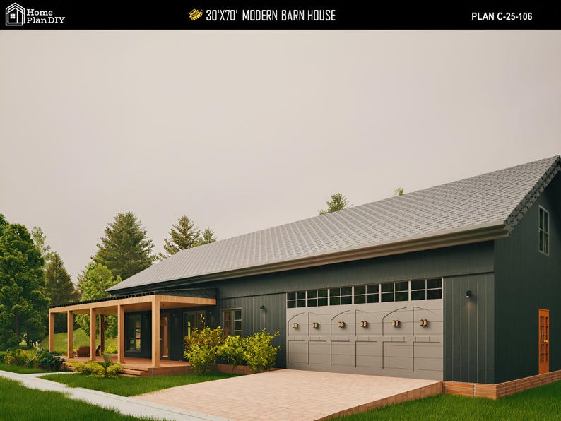 May include: A modern barn house design with a dark gray exterior, a light gray garage door, and a covered porch. The house has a metal roof and is surrounded by green grass and trees. The text "30x70' Modern Barn House" is visible.