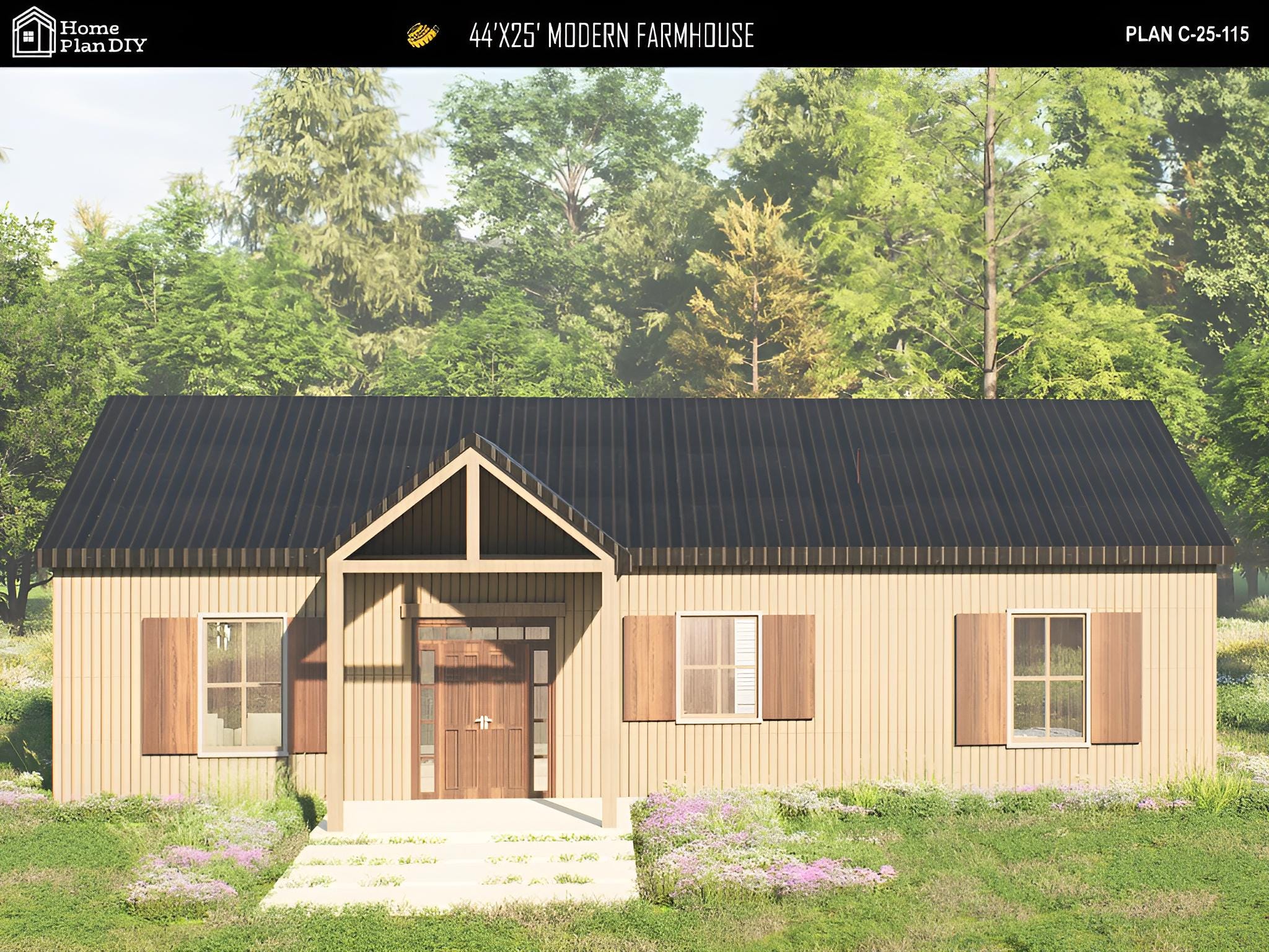 44x25 Modern Farmhouse Ranch House Plan, Full Architectural Plans
