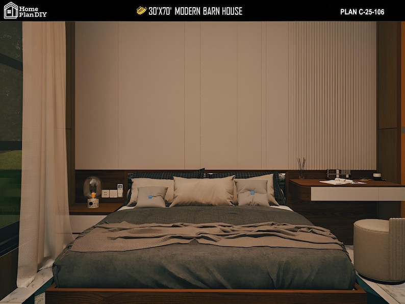 May include: A modern bedroom interior with a large bed, pillows, and a blanket. The room features a desk, a small side table with a lamp, and a neutral color palette. The text "30'x70' Modern Barn House" is visible.