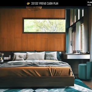 May include: A bedroom interior featuring a dark wood platform bed with a mustard yellow and gray bedding set. The room includes wood paneled walls, a horizontal window, a vanity with a mirror, and a teal ottoman. Text reads 26'X30' PREFAB CABIN PLAN.