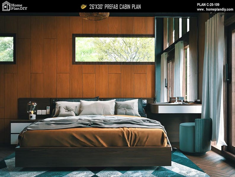 May include: A bedroom interior featuring a dark wood platform bed with a mustard yellow and gray bedding set. The room includes wood paneled walls, a horizontal window, a vanity with a mirror, and a teal ottoman. Text reads 26'X30' PREFAB CABIN PLAN.