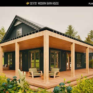 May include: A modern barn house design with a dark exterior and a wooden deck. The house features a large covered porch with wooden pillars and a gabled roof. The text "30'x70' MODERN BARN HOUSE" is visible at the top.
