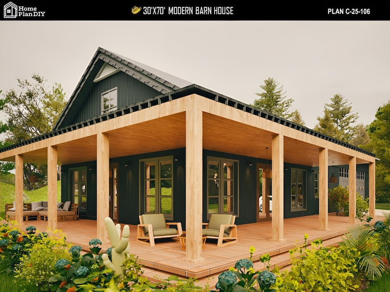 May include: A modern barn house design with a dark exterior and a wooden deck. The house features a large covered porch with wooden pillars and a gabled roof. The text "30'x70' MODERN BARN HOUSE" is visible at the top.