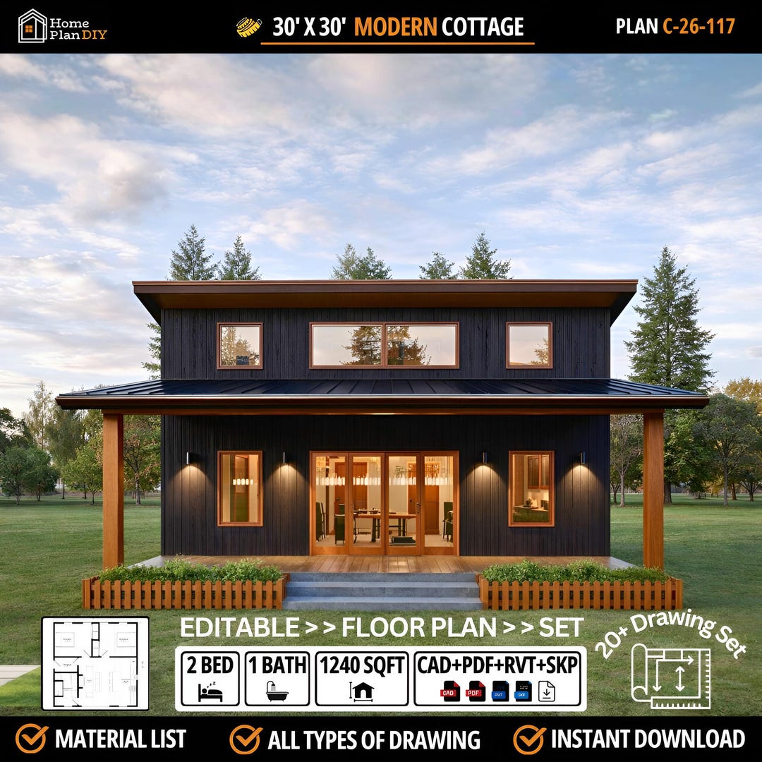 Modern Cottage House Plans With Porch: 2bed, 1bath, 900SF, Custom House ...