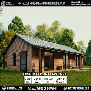 Modern Barndominium Farmhouse Plan: 2 Bed, 2 Bath (PDF, CAD Download