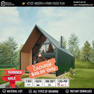 Moderne hut met a-frame doe-het-zelfplannen, 42 x 23' architectonisch ontwerp aangepaste plattegronden, kleine hutplannen, plattegronden klein huis A-frame blauwdruk