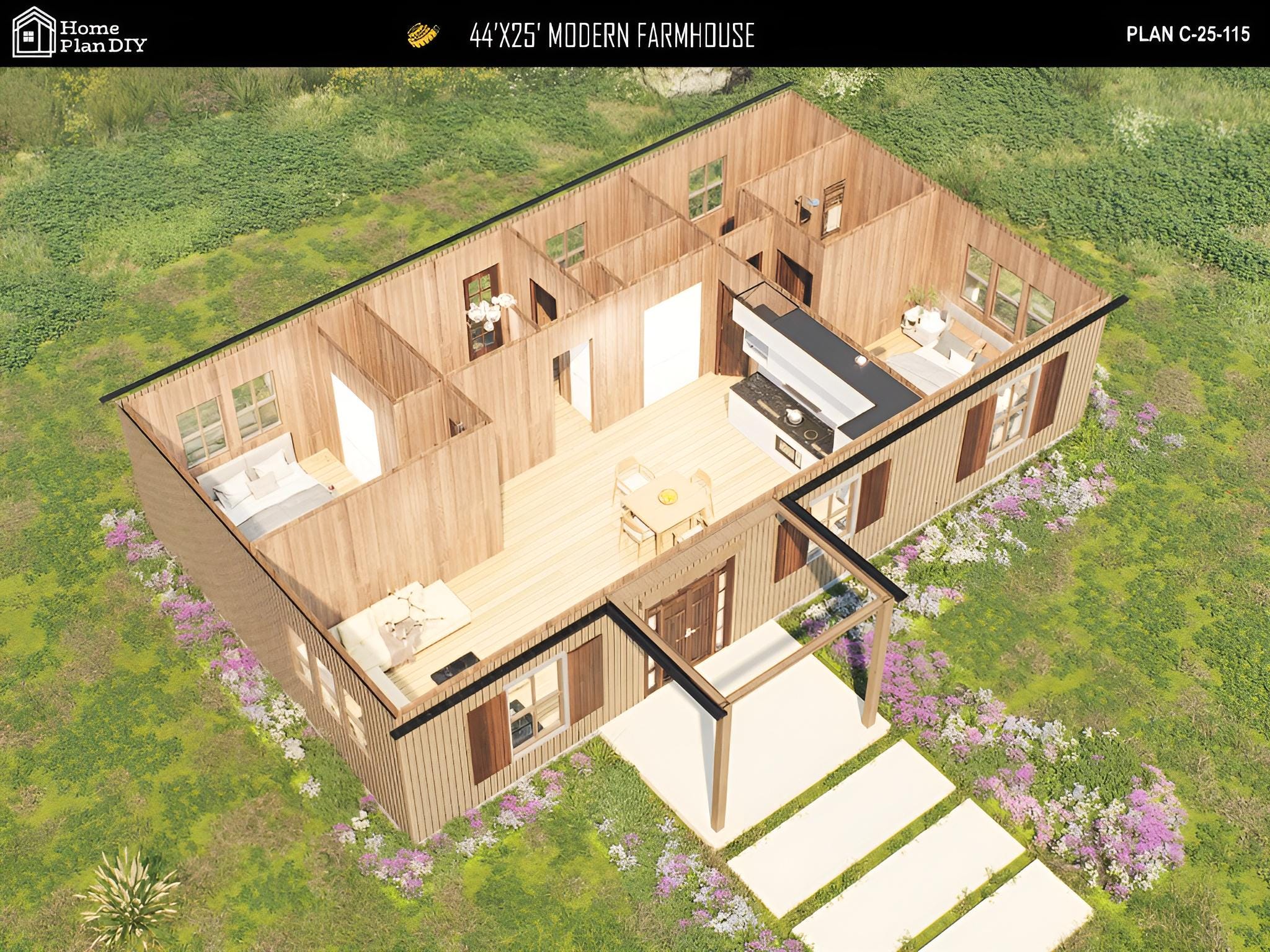 44x25 Modern Farmhouse Ranch House Plan, Full Architectural Plans