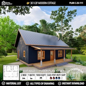 Op de afbeelding: Een digitale weergave van een moderne cottage met een donkerblauwe buitenkant en een grijs metalen dak. Het huis heeft een veranda en houten accenten. De afbeelding bevat een plattegrond en de tekst "36' x 28' Modern Cottage" en "2 slaapkamers 1 badkamer 93 m²".