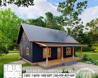 Modern Farmhouse-Style Cottage House Plan: 1000 Sq Ft, 2Bed 1 Bath, 1Kitchen (PDF & CAD)
