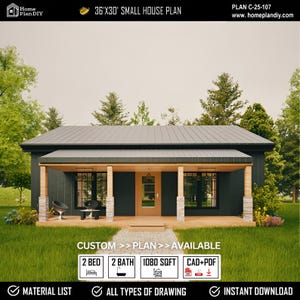 Winziges Häuschen, Modernes Haus, 1000 quadratfuß Bestseller - PDF Detaillierte Architektonische Haus-Pläne, Cottage Grundrisse, Ranch-Haus, offene Veranda