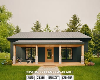 Piccolo cottage, casa moderna, best seller di 1000 piedi quadrati - PDF Planimetrie architettoniche dettagliate per case, planimetrie di cottage, casa ranch, veranda aperta