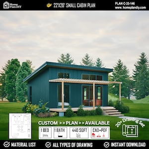 Op de afbeelding: Een 22'x20' klein hutontwerp met een donkergroen-blauwe buitenkant, een houten pergola boven een voordek en grote ramen. De afbeelding bevat een plattegrond, 1 bed, 1 bad, 440 vierkante voet, CAD+PDF-bestanden en een set van 20+ tekeningen.