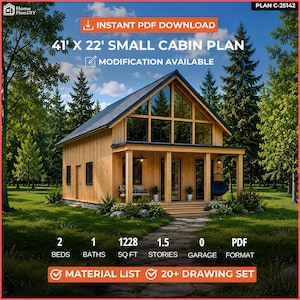 41x22 Modern Cabin House Plans 2 Bedroom Loft Small Cabin Plan PDF Instant Download