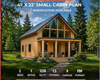 41x22 Modern Cabin House Plans 2 Bedroom Loft Small Cabin Plan PDF Instant Download